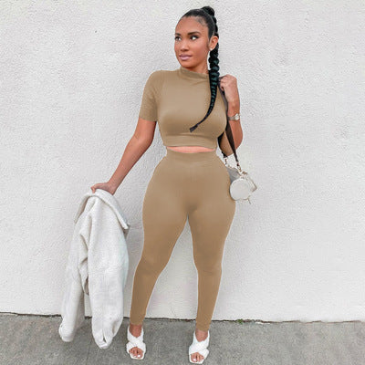 Fashion Casual Short Sleeve Midriff-baring Top Sports Suit