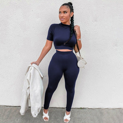 Fashion Casual Short Sleeve Midriff-baring Top Sports Suit