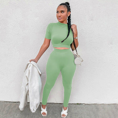 Fashion Casual Short Sleeve Midriff-baring Top Sports Suit