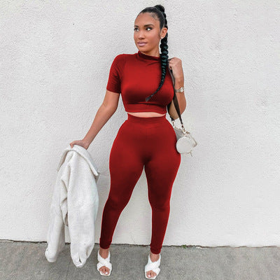 Fashion Casual Short Sleeve Midriff-baring Top Sports Suit