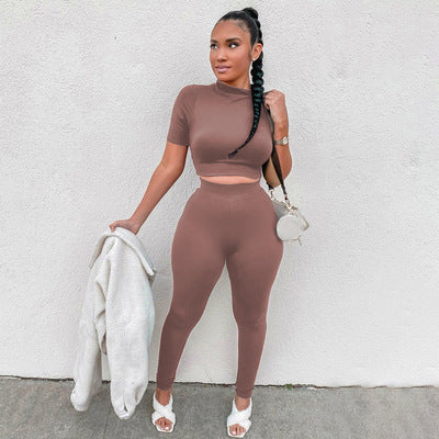 Fashion Casual Short Sleeve Midriff-baring Top Sports Suit