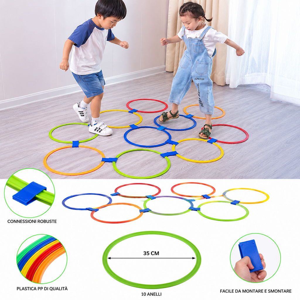 Bambini all'aperto Divertenti addestramento fisico Giocattoli sportivi Reticolo Anello di salto Set Gioco con 10 cerchi 10 connettori per giochi in parco Ragazzi Ragazze