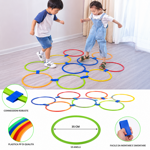 Bambini all'aperto Divertenti addestramento fisico Giocattoli sportivi Reticolo Anello di salto Set Gioco con 10 cerchi 10 connettori per giochi in parco Ragazzi Ragazze