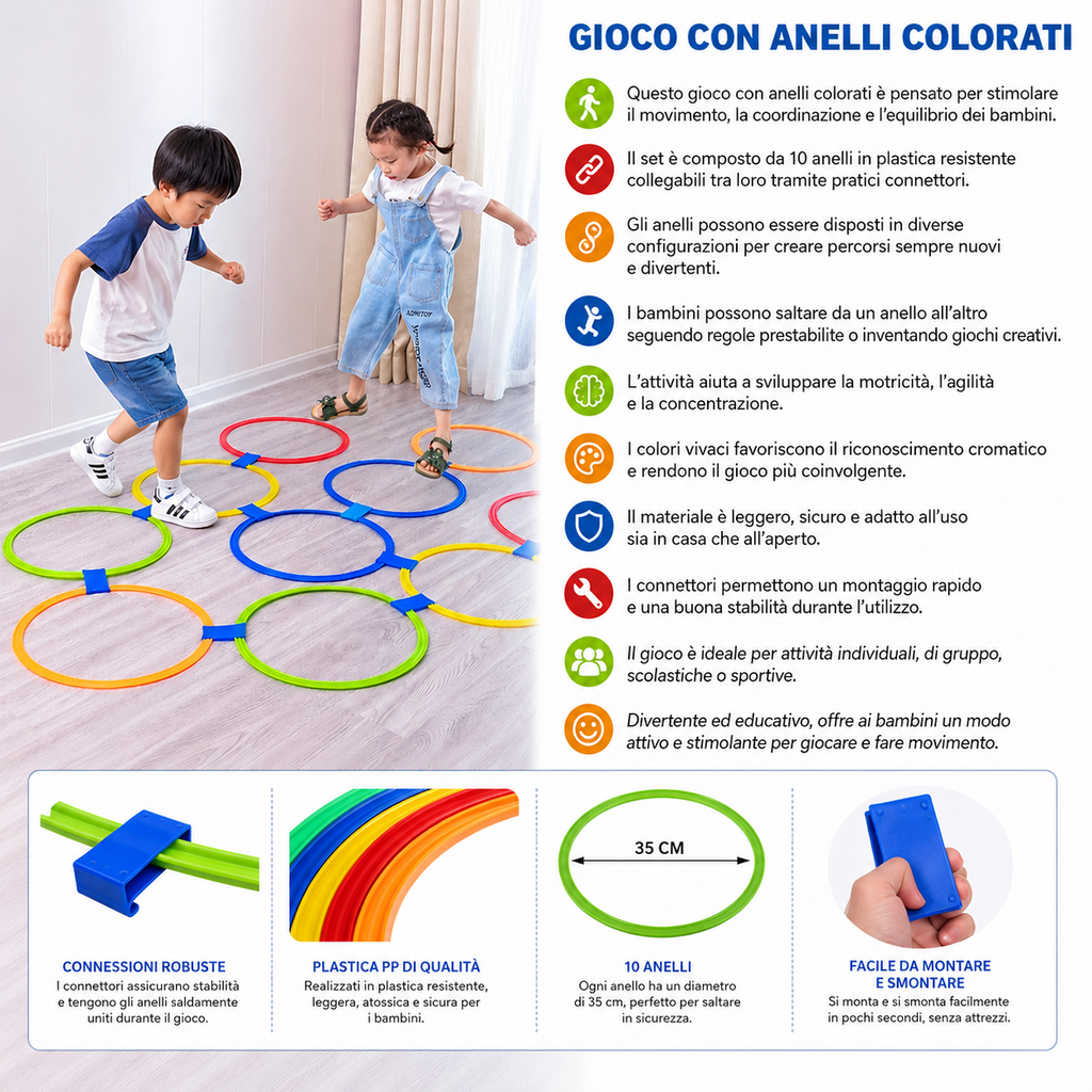 Bambini all'aperto Divertenti addestramento fisico Giocattoli sportivi Reticolo Anello di salto Set Gioco con 10 cerchi 10 connettori per giochi in parco Ragazzi Ragazze